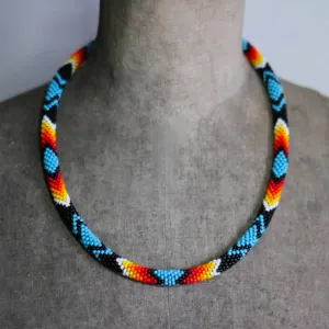 SALE 50% OFF - Unisex Dark Blue Pattern Beaded Handmade Necklace Native American Style