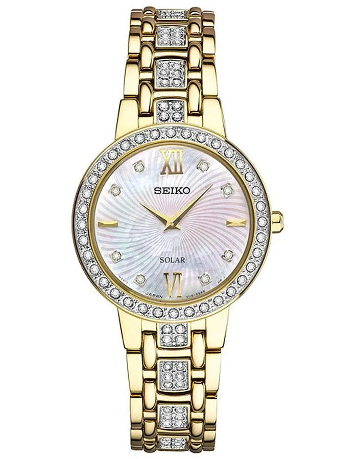 Seiko Womens Solar Crystal Dress Watch - Gold-Tone - White Mother of Pearl Dial