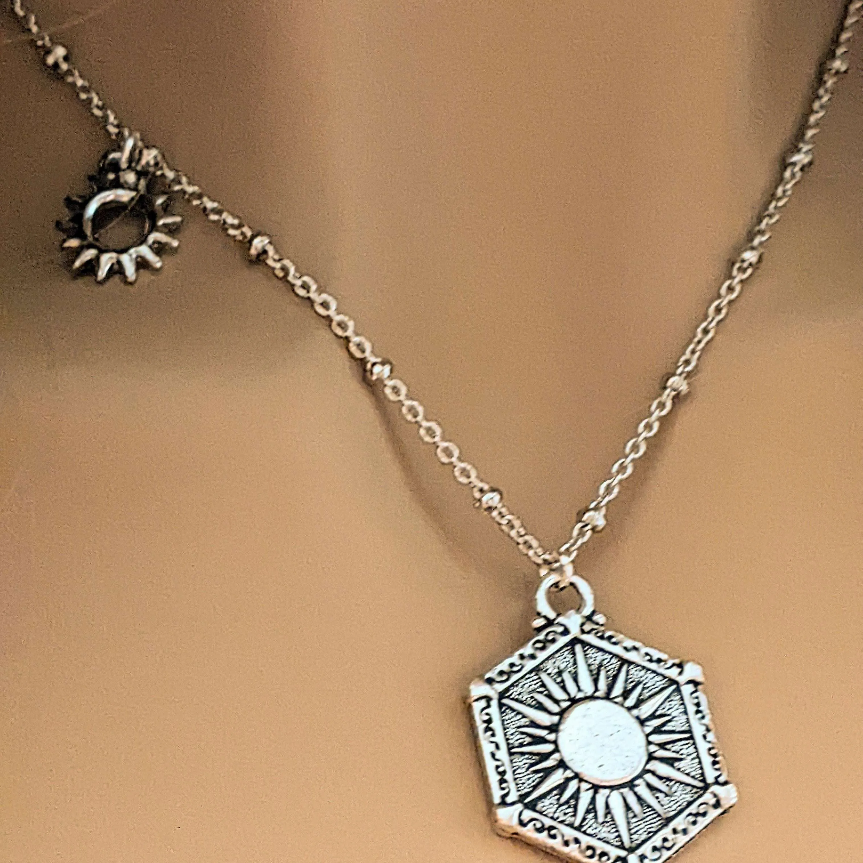 Silver Crescent Moon/Sun Reversible Necklace