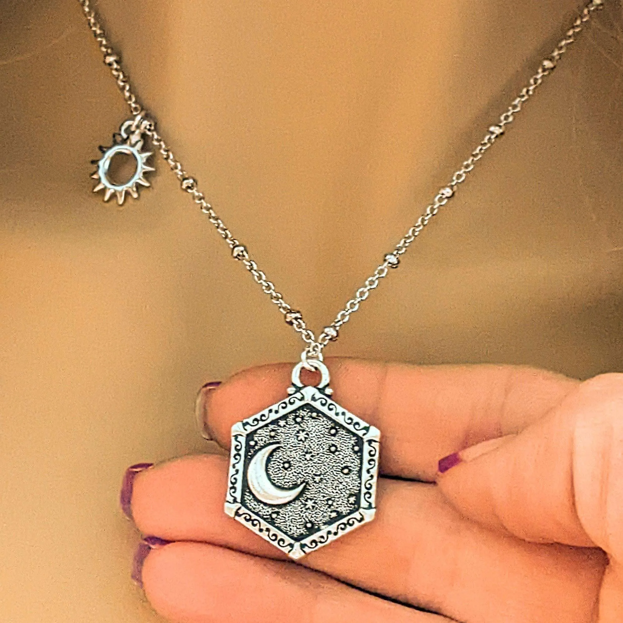 Silver Crescent Moon/Sun Reversible Necklace