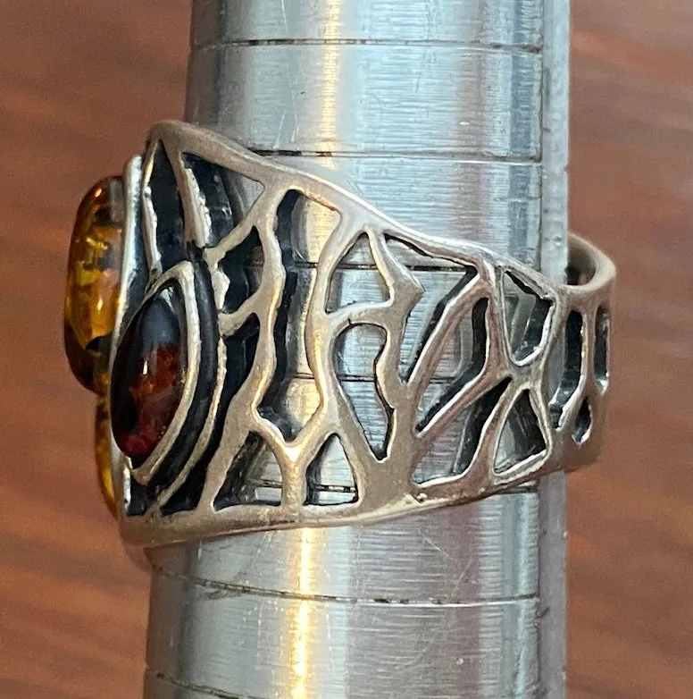 Sterling Silver 925 Amber Cabochon Wide Band Ring Sz 8.5