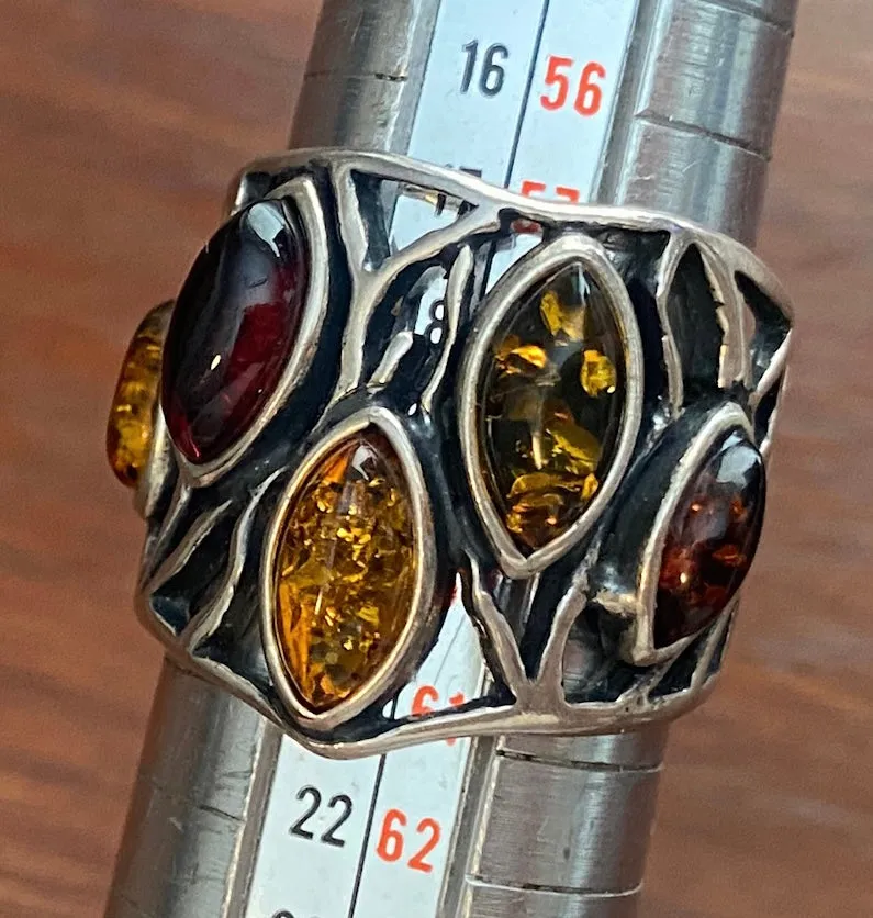 Sterling Silver 925 Amber Cabochon Wide Band Ring Sz 8.5