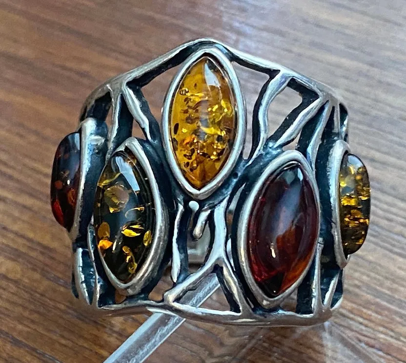 Sterling Silver 925 Amber Cabochon Wide Band Ring Sz 8.5