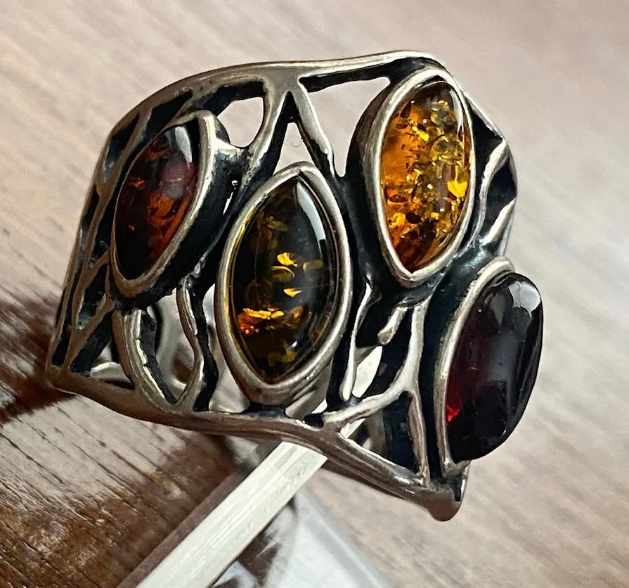 Sterling Silver 925 Amber Cabochon Wide Band Ring Sz 8.5