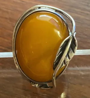 Sterling Silver 925 Butterscotch Amber Leaf Ring Sz 9