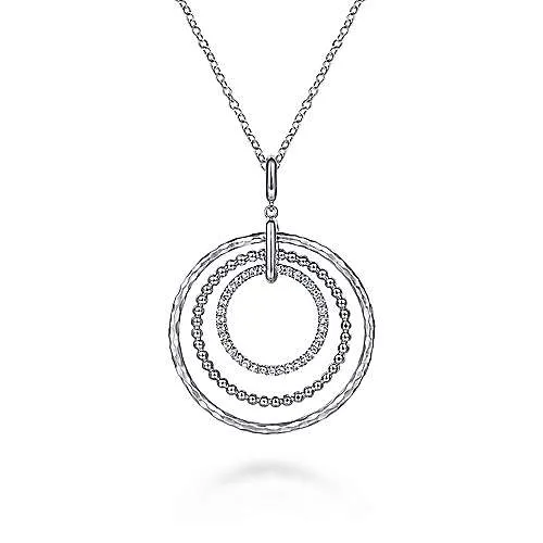 Sterling Silver Triple Row Circle Pendant Necklace with White Sapphire