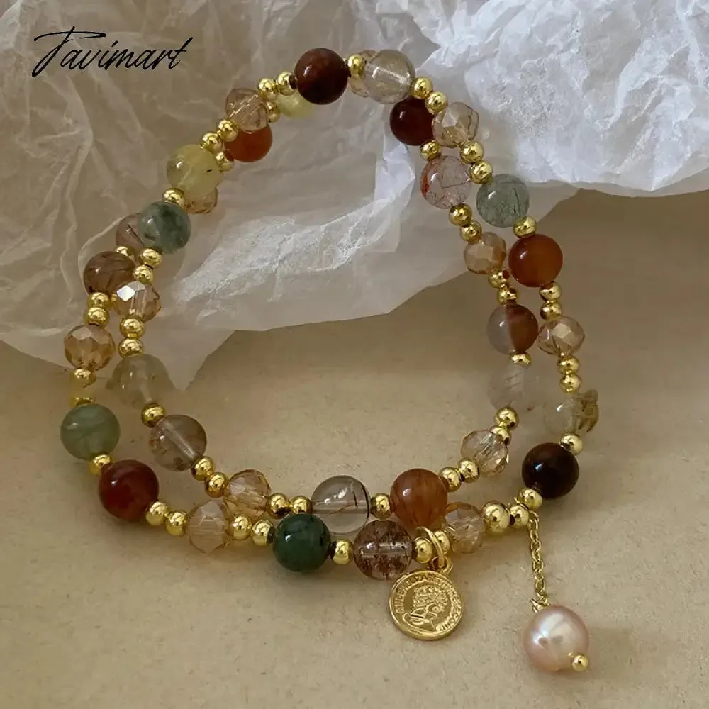 Tavimart Vintage Double Layered Crystal Pearl Beaded Bracelet for Women Ethnic Natural Stone Beads Wrap Bangle Bracelet Jewelry Gifts