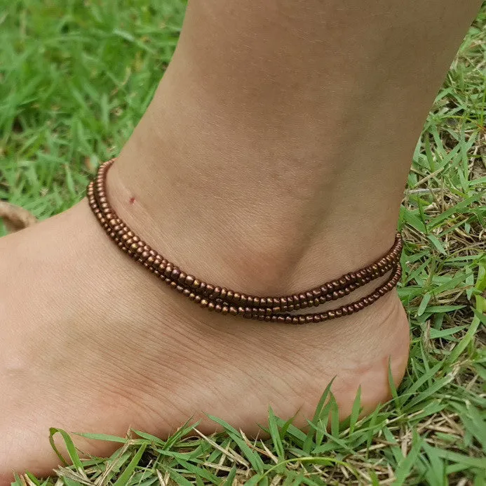 Tripple Strand Metallic Beads Anklet in Copper