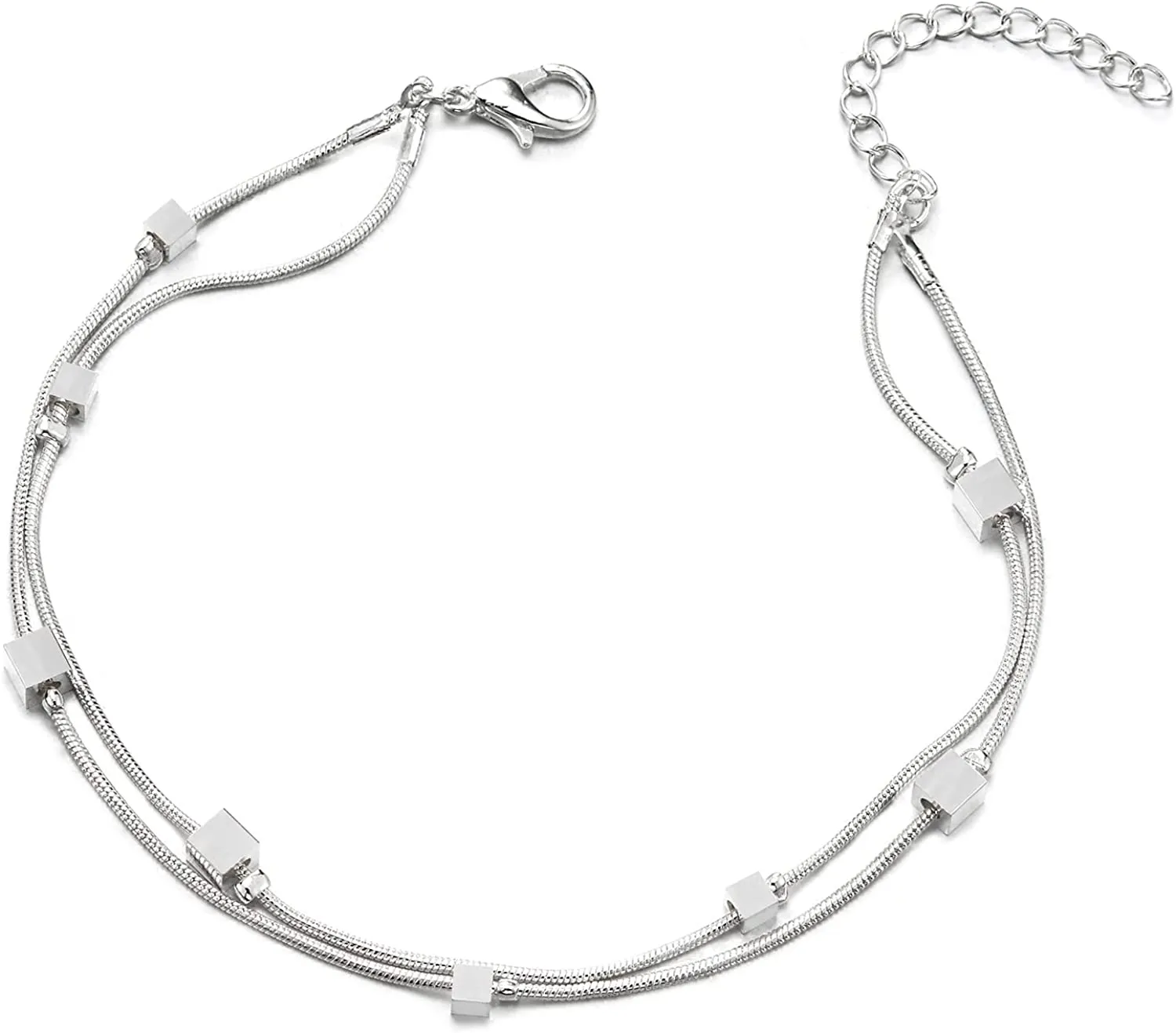 Two-Row Chain Anklet Bracelet with Charms of Cubes, Adjustable