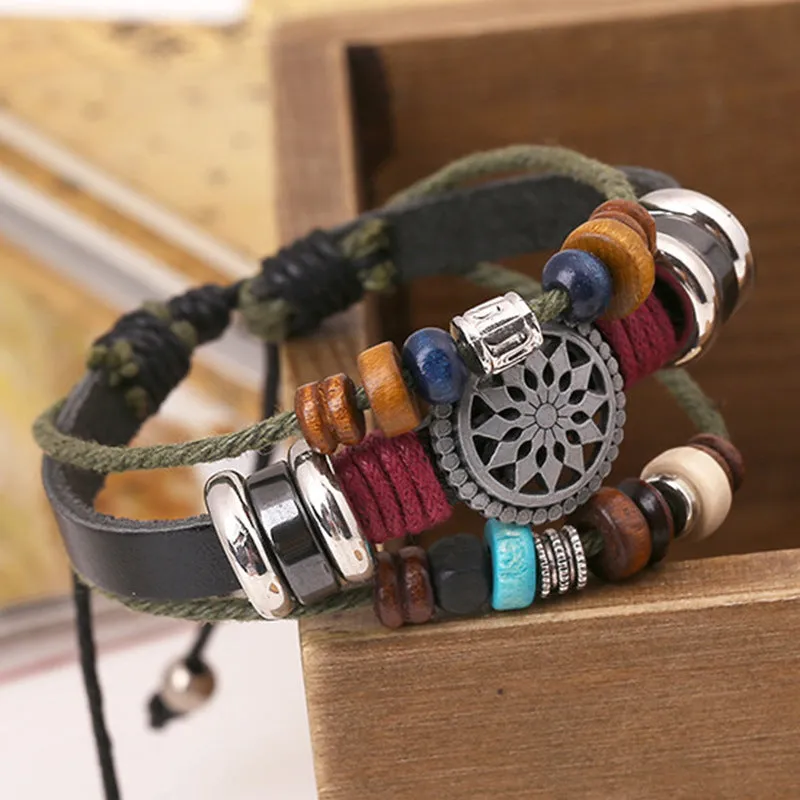 Vintage Cattle Leather Bracelet Fashionable Temperamental All-Match Beaded Leather Bracelet