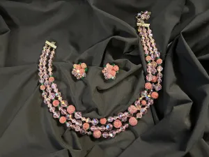 Vintage Glamour in Pink, Red and Green Glittering Necklace and Earrings Set